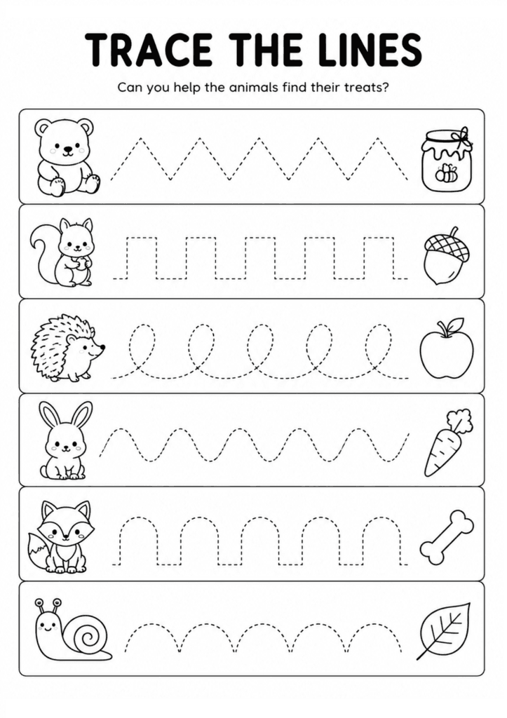Trace the lines worksheet for preschoolers with animals and tracing paths
