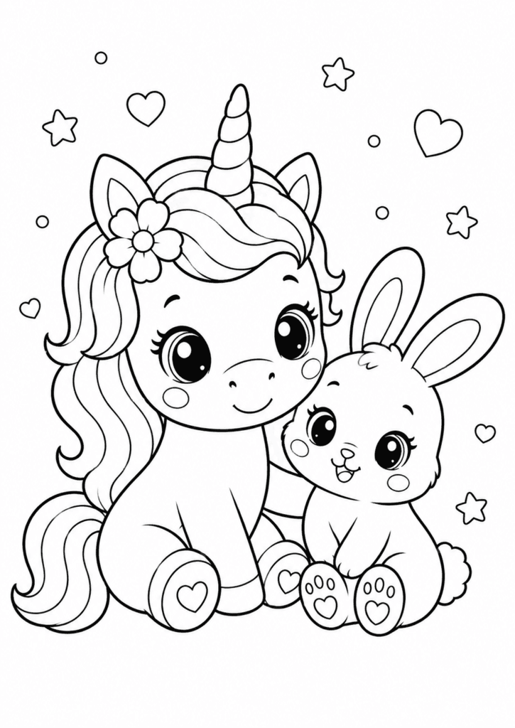 Cute unicorn and bunny coloring page for kids