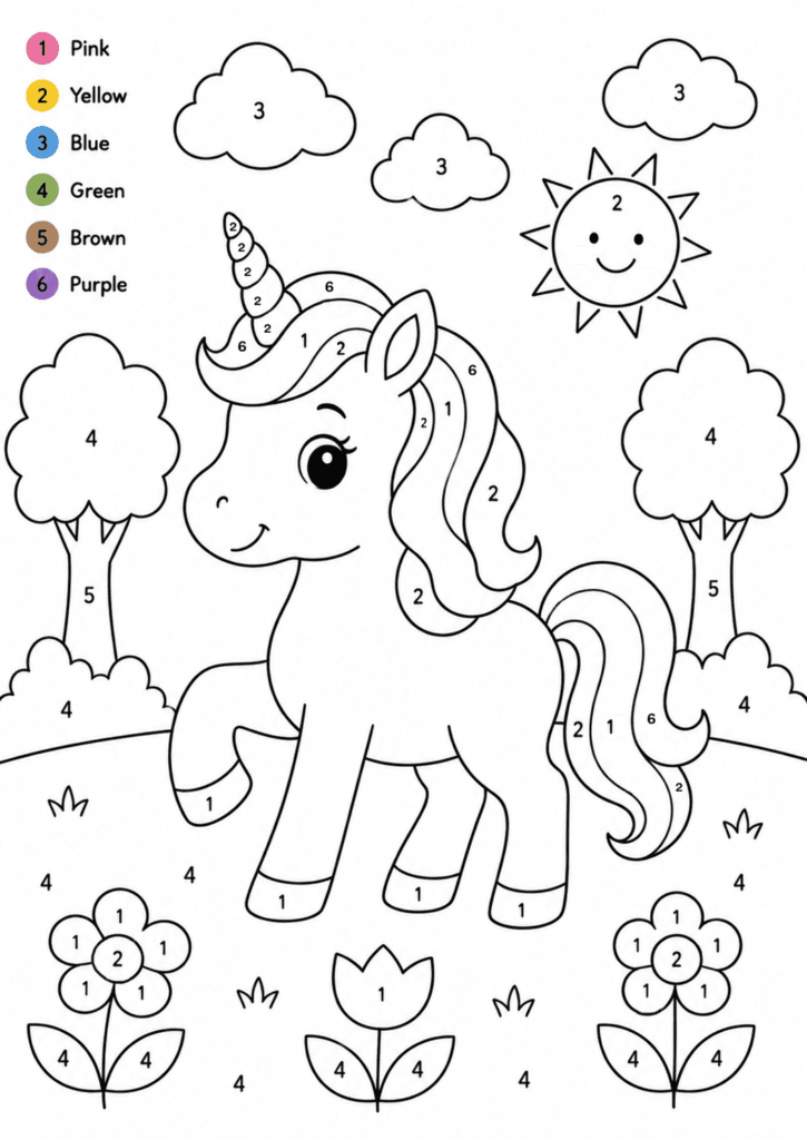 Unicorn color by number coloring page for preschool and kindergarten kids