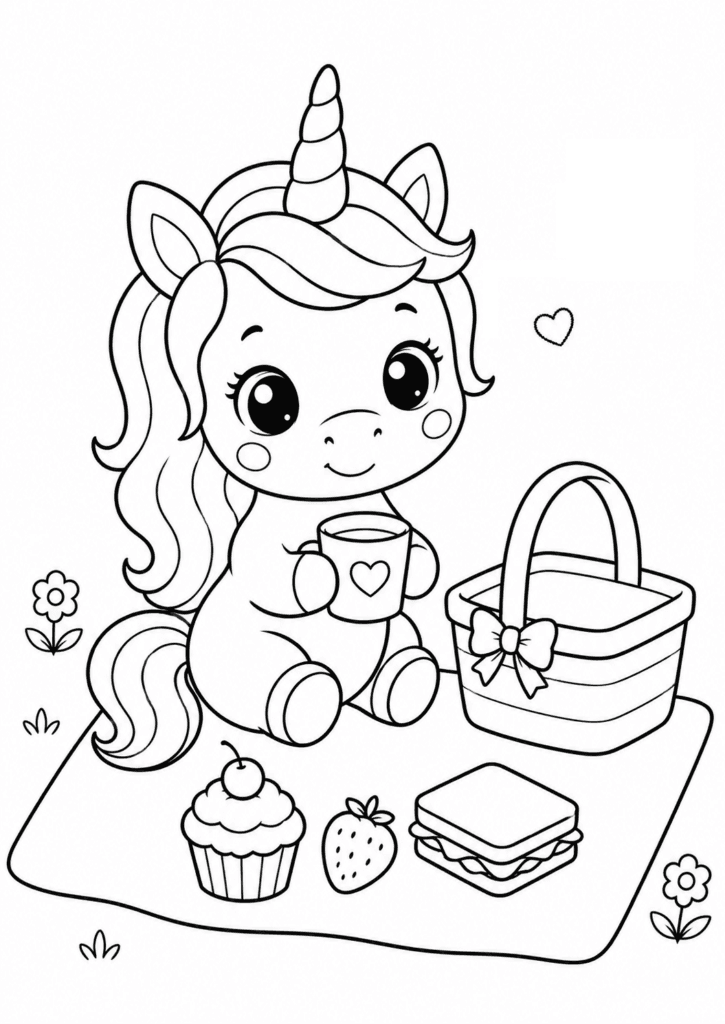 Unicorn picnic coloring page with cute unicorn and picnic basket