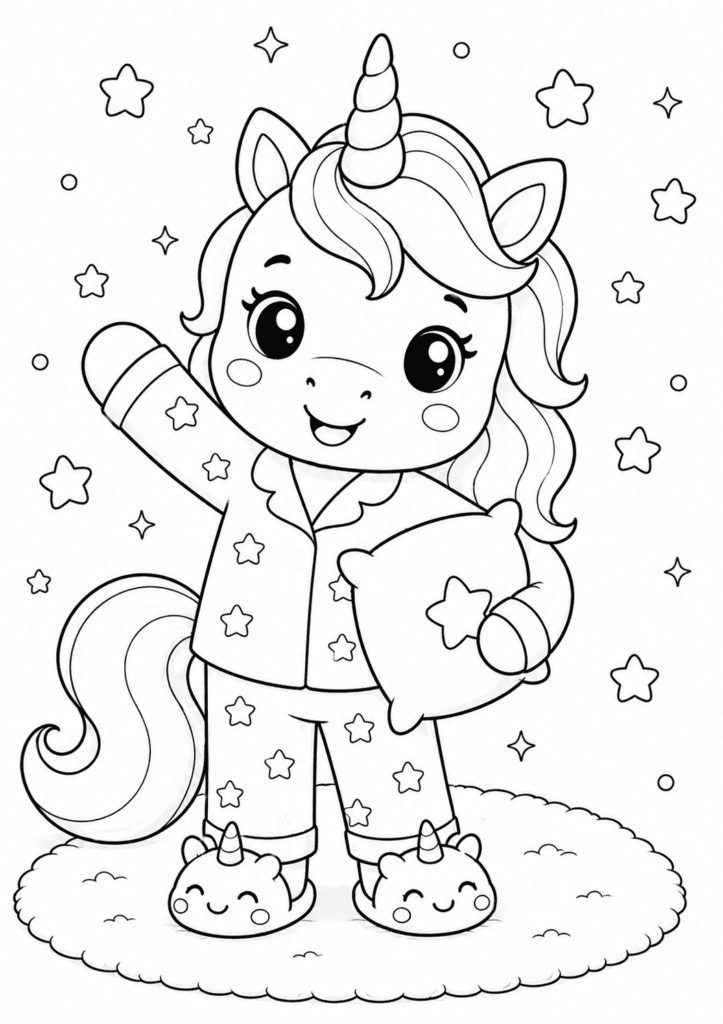 Cute unicorn wearing pajamas coloring page for kids
